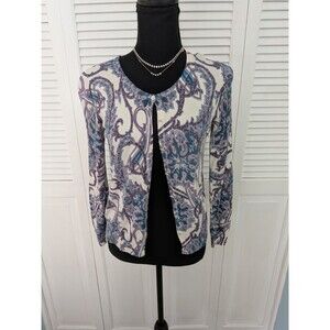 Talbots Silk Cardigan Women's Petite Small Purple Cream Paisley Floral Sweater